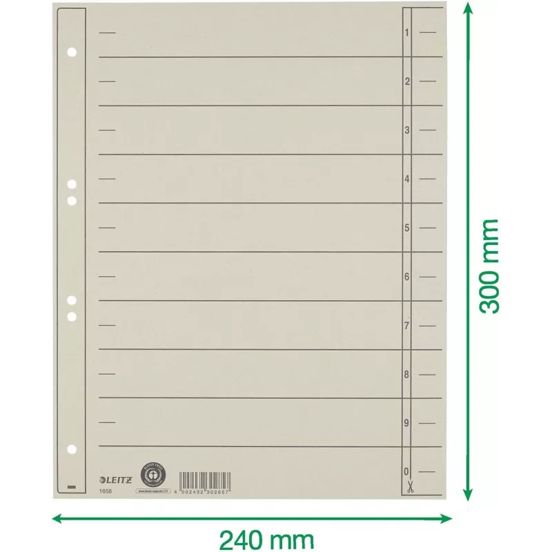 LEITZ A4 itin platūs registro skirtukai, manilos kartonas 230 g/m², pilki dažyti per visą storį, tušti skirtukai, 100 lapų 1658-00-85