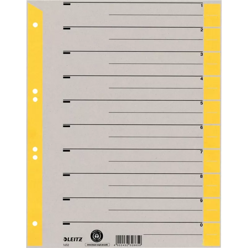 LEITZ A4 itin platūs kraft kartono skirtukai, 230 g/m², pilki su geltonais tuščiais skirtukais, 10 dalių rinkinys 1652-00-15