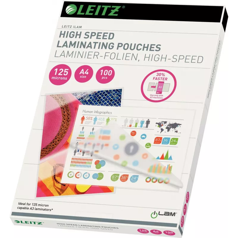 Leitz A4 laminavimo plėvelės, 80 mikronų, blizgios, 100 vnt., nesikemšančios UDT 7430-00-02