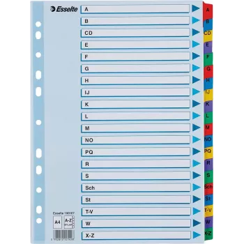 LEITZ A4 Mylar A-Z indekso skirtukai, 26 liežuvėliai, įvairiaspalviai, universalus perforavimas, 160 gsm, 1 rinkinys (100167)