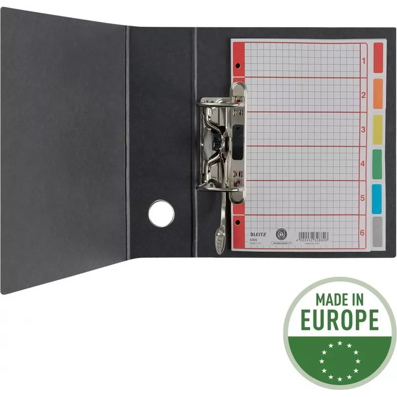 LEITZ itin tvirti kartoniniai registro skirtukai, tušti, A5, 6 dalių, pilki 230 g/m², rašomas viršelio lapas su tinkleliu 4355-00-85