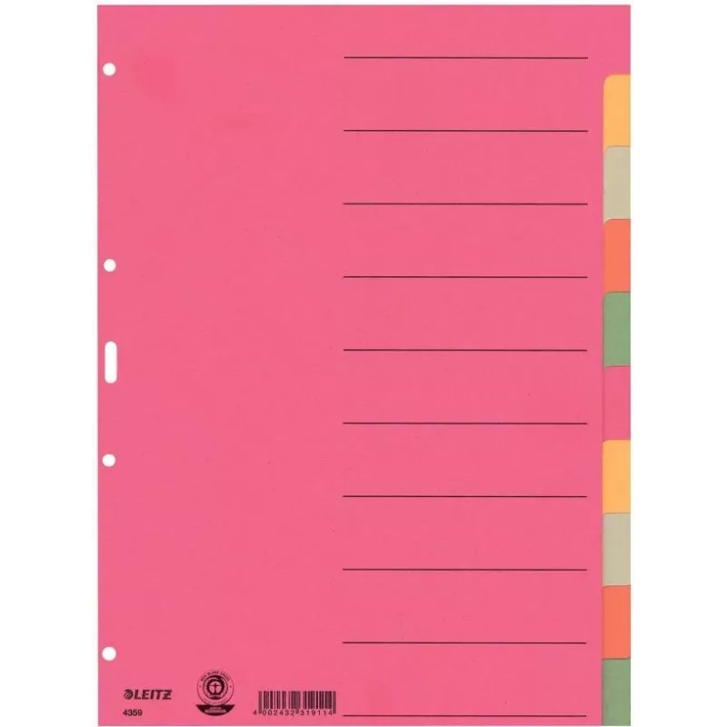 LEITZ itin tvirti kartoniniai skyrikliai, tušti skirtukai, A4, 10 dalių, įvairiaspalviai, 230 gsm, 5 spalvų dažytas kartonas (4359-00-00)