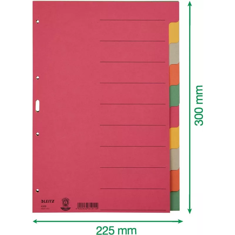 LEITZ itin tvirti kartoniniai skyrikliai, tušti skirtukai, A4, 10 dalių, įvairiaspalviai, 230 gsm, 5 spalvų dažytas kartonas (4359-00-00)