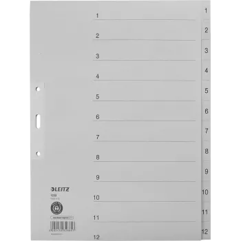 LEITZ Manila registro skirtukai, skaitmeniniai 1-12, A4 itin platūs, pilki, 12 dalių, 100 gsm, 80 mm perforacija, sustiprintos skylės 1233-00-85