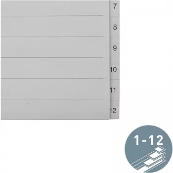LEITZ Manila registro skirtukai, skaitmeniniai 1-12, A4 itin platūs, pilki, 12 dalių, 100 gsm, 80 mm perforacija, sustiprintos skylės 1233-00-85
