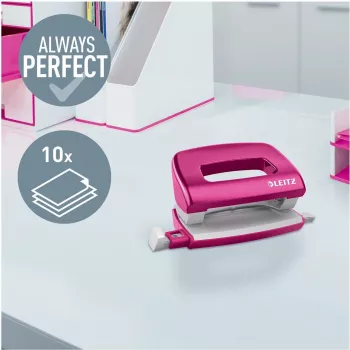 Leitz NeXXt Series WOW metalinis mini skylių mušimo įrenginys, rožinis, 2 skylės, 10 lapų, metalinis blizgus 5060-10-23