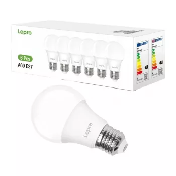 LEPRO 100090-DW-EU-6 LED lemputė, E27, A60, 8,5W (60W ekvivalentas), 806 lm, 6500K šalta balta, 180° spindulio kampas, 6 vnt. pakuotė