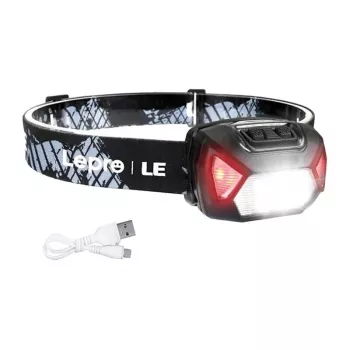 LEPRO 320014 USB įkraunamas LED priekinis žibintuvėlis su CREE XPE prožektoriumi, COB pločio šviesa, raudona šviesa, IPX4 atsparus vandeniui, 300 liumenų, 1200mAh baterija, reguliuojama elastinė juosta - juoda