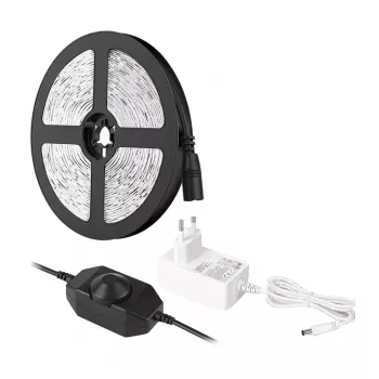 LEPRO PR4100067-DW-EU 5 m šiltos baltos šviesos LED juosta su reguliuojamu ryškumu, 3000K SMD 2835, 12V 24W 1200lm, 3M lipniu sluoksniu, nuotolinio reguliavimo jungikliu, maitinimo bloku, IP20