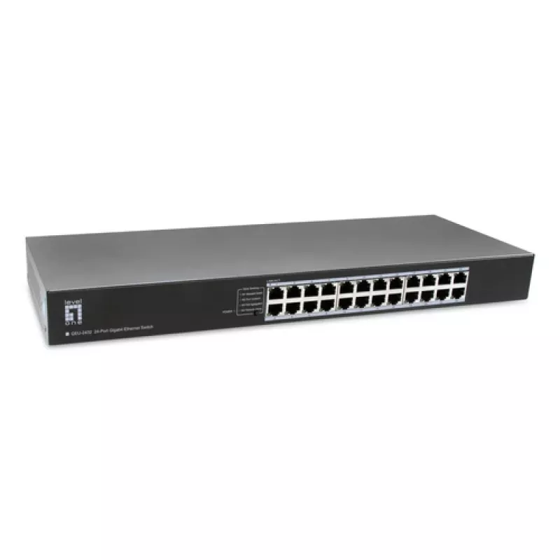 LevelOne GEU-2432 24 prievadų Gigabit Ethernet komutatorius, 4 režimų DIP jungiklis, 19 colių montavimas į stelažą, nevaldomas, metalinis korpusas