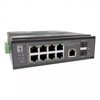 LevelOne pramoninis PoE+ valdiklis 8x 2.5G PoE, 2x 1G, 2x 10G SFP+ Uplinks, nevaldomas, DIN bėgelis, IP30