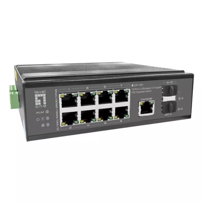 LevelOne pramoninis PoE+ valdiklis 8x 2.5G PoE, 2x 1G, 2x 10G SFP+ Uplinks, nevaldomas, DIN bėgelis, IP30