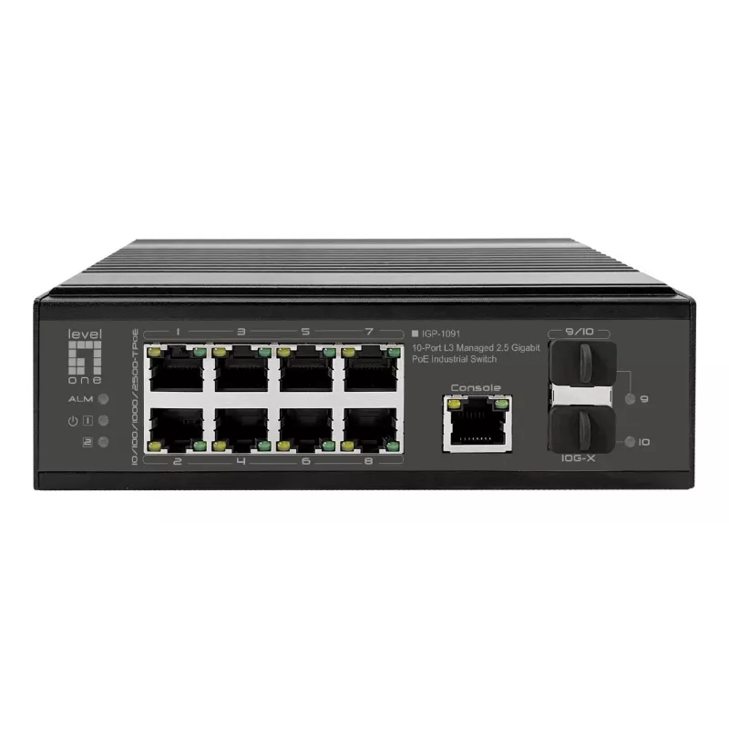 LevelOne pramoninis PoE+ valdiklis 8x 2.5G PoE, 2x 1G, 2x 10G SFP+ Uplinks, nevaldomas, DIN bėgelis, IP30