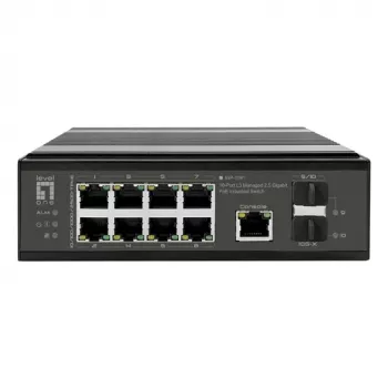 LevelOne pramoninis PoE+ valdiklis 8x 2.5G PoE, 2x 1G, 2x 10G SFP+ Uplinks, nevaldomas, DIN bėgelis, IP30