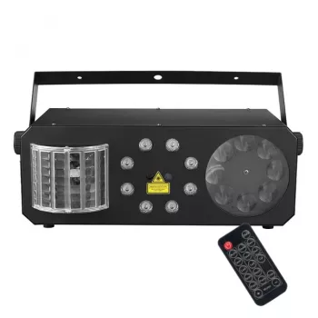 LIGHT4ME PARTY III V2 – 5-in-1 LED efektinis šviestuvas su derbio, gobo, užpildymo, stroboskopo ir lazerio efektais bei IR nuotolinio valdymo pulteliu