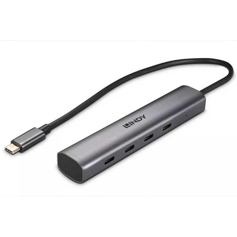 Lindy 4 portų USB 3.2 Gen 2 Type C šakotuvas, skirtas prijungti keturis USB Type C įrenginius per kompiuterio USB Type-C prievadą (43384)
