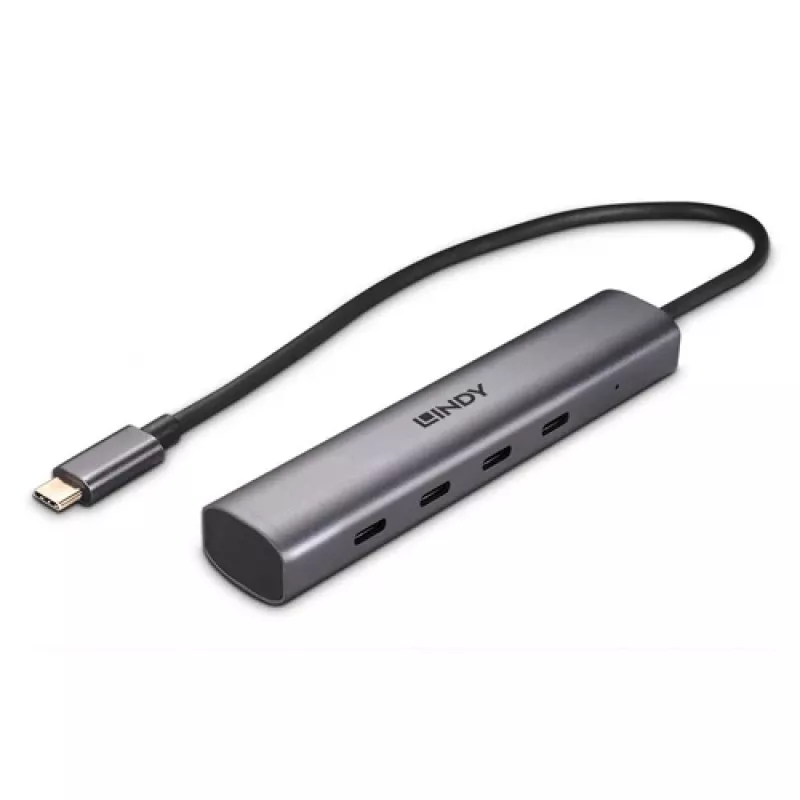 Lindy 4 portų USB 3.2 Gen 2 Type C šakotuvas, skirtas prijungti keturis USB Type C įrenginius per kompiuterio USB Type-C prievadą (43384)