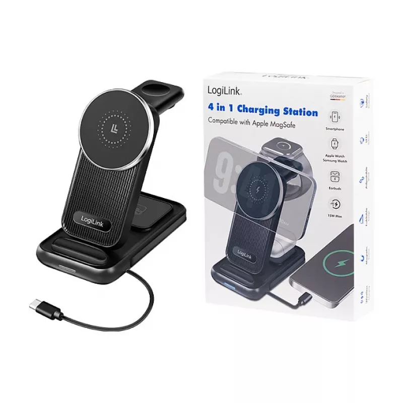 Logilink 4-in-1 belaidis stalo įkroviklis, 15W Qi įkrovimo stotelė (PA0292)