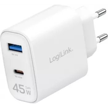 LogiLink 45W GaN USB sieninis įkroviklis, 1x USB-C PD, 1x USB-A QC, baltas, euro kištukas (PA0410)