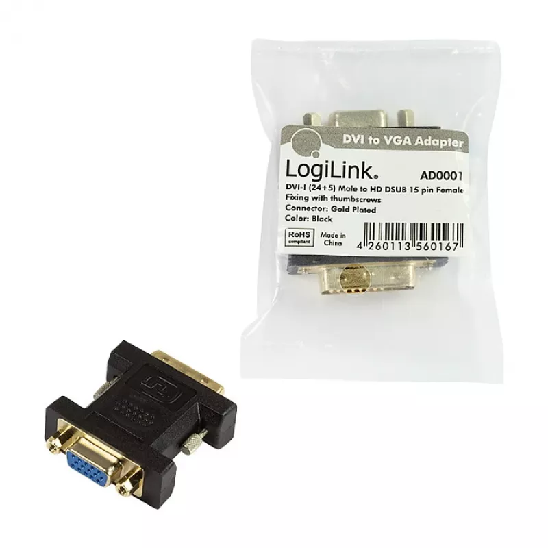 LogiLink AD0001 DVI-I į VGA adapteris, DVI-I kištukas į HD15 lizdą, 1080p, juodas
