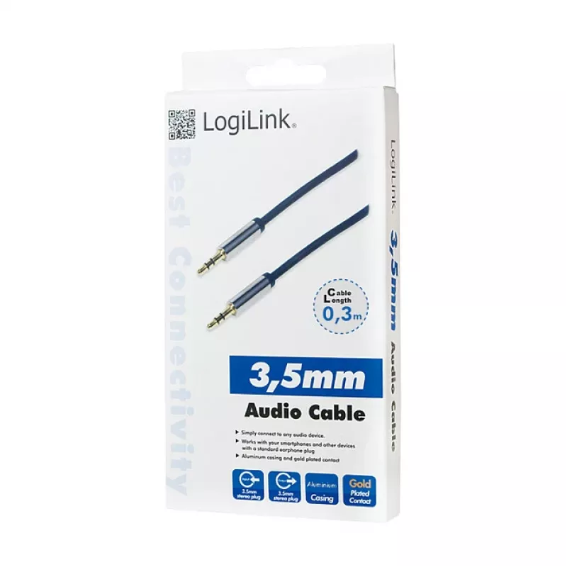 LogiLink CA10030 Premium 3.5mm TRS vyras į vyrą garso laidas, metalinės jungtys, mėlynas, 0,3 m
