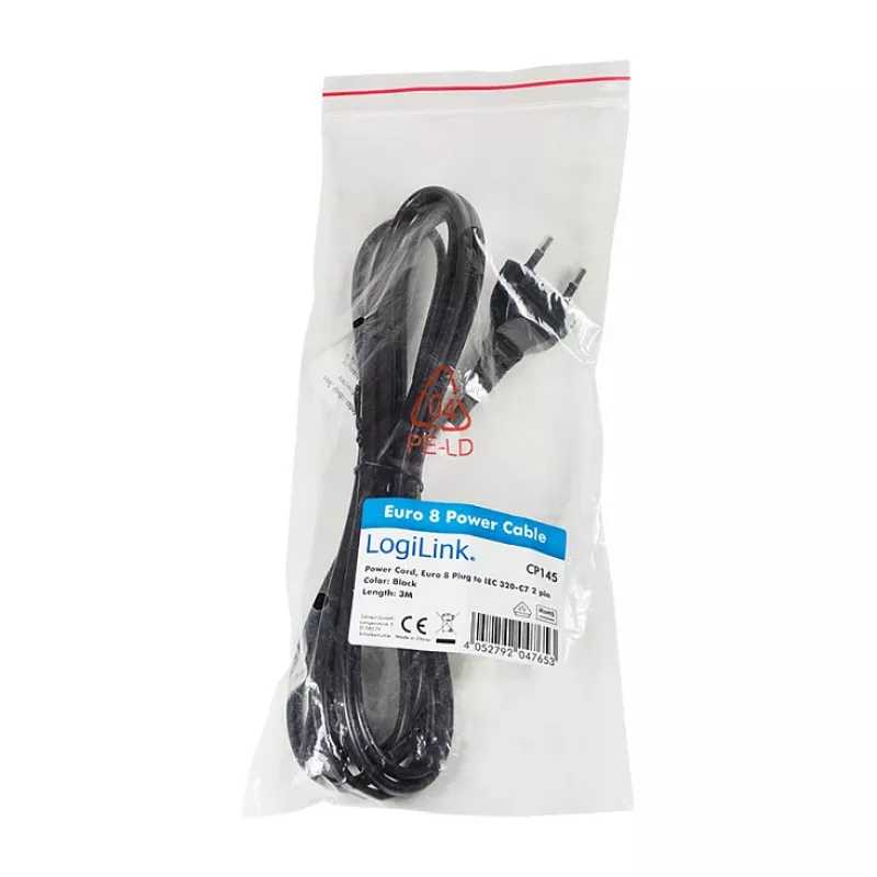LogiLink CP145 maitinimo laidas nuo euro kištuko iki IEC C7, 1,8 m, juodas