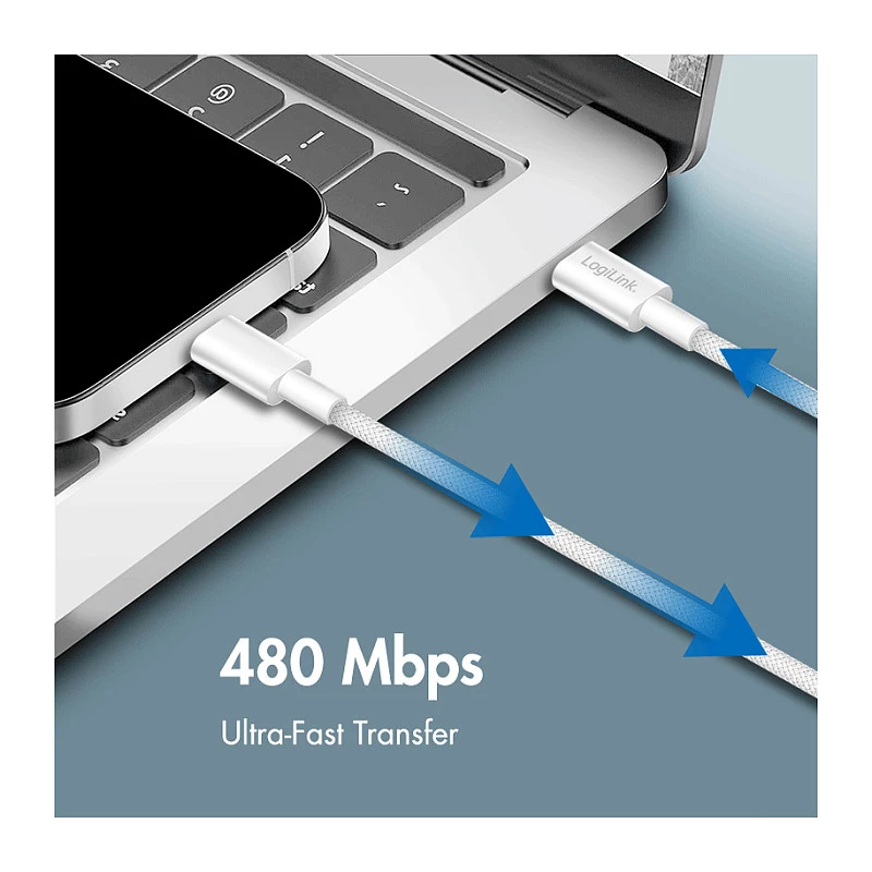 LogiLink CU0320 USB 2.0 Type-C laidas, USB-A į USB-C, 480 Mbps, 60W, pintas nailonas, baltas, 0,5 m