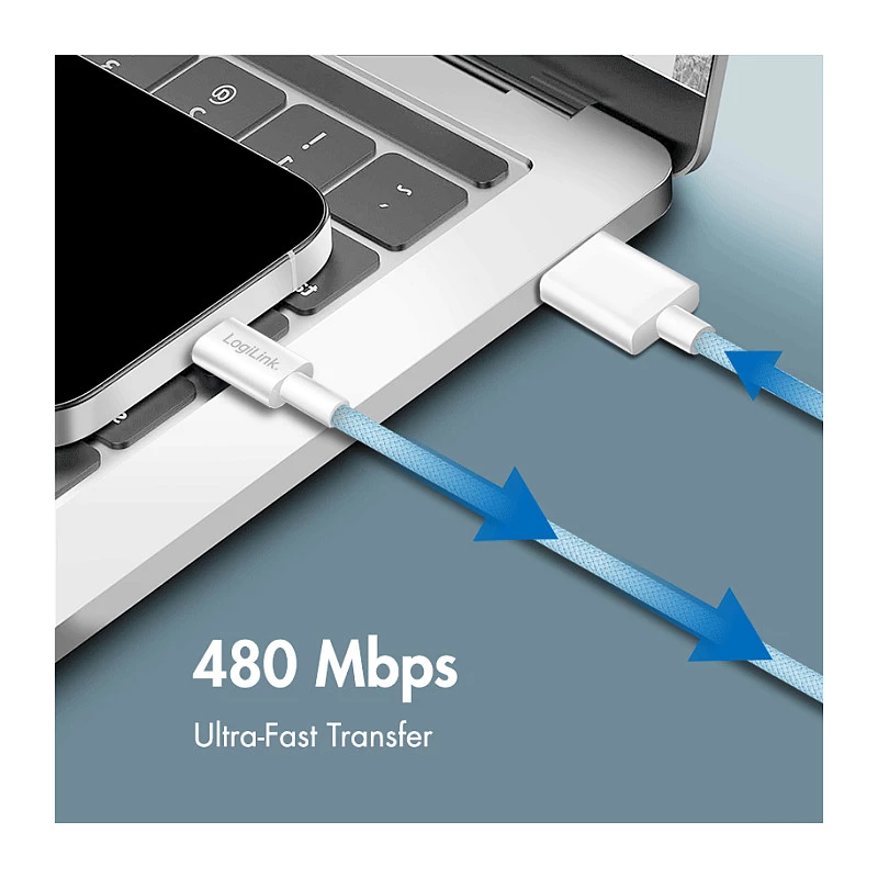 LogiLink CU0330 USB 2.0 Type-C laidas, USB-A kištukas į USB-C kištuką, 480 Mbps, 60W Power Delivery, nailono pynė, mėlynas, 1 m