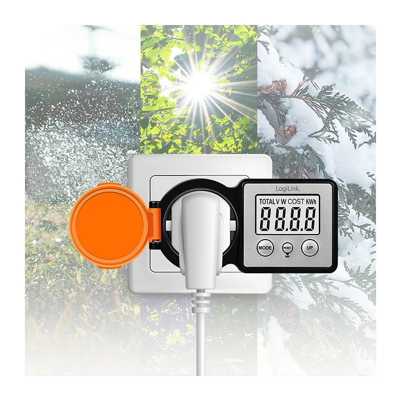 LogiLink EM0007 lauko energijos sąnaudų matuoklis, IP44 atsparus vandens purslams, 16A, 3680W, Schuko, LCD