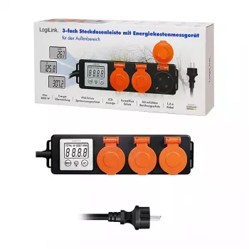 LogiLink energijos sąnaudų matuoklis su 3 lauko rozetėmis, IP44, Schuko, 3680 W