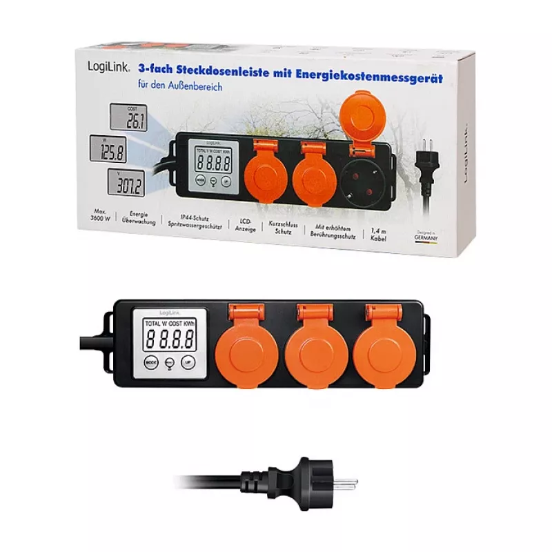 LogiLink energijos sąnaudų matuoklis su 3 lauko rozetėmis, IP44, Schuko, 3680 W