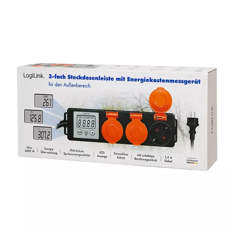LogiLink energijos sąnaudų matuoklis su 3 lauko rozetėmis, IP44, Schuko, 3680 W