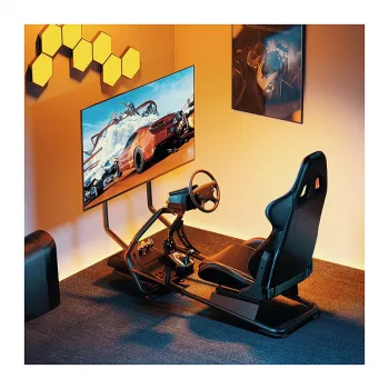 LOGILINK EO0065 Racing Simulator Cockpit su monitoriaus laikikliu, plieniniu rėmu, PVC odos sėdyne, iki 32 colių monitoriui, juodos spalvos