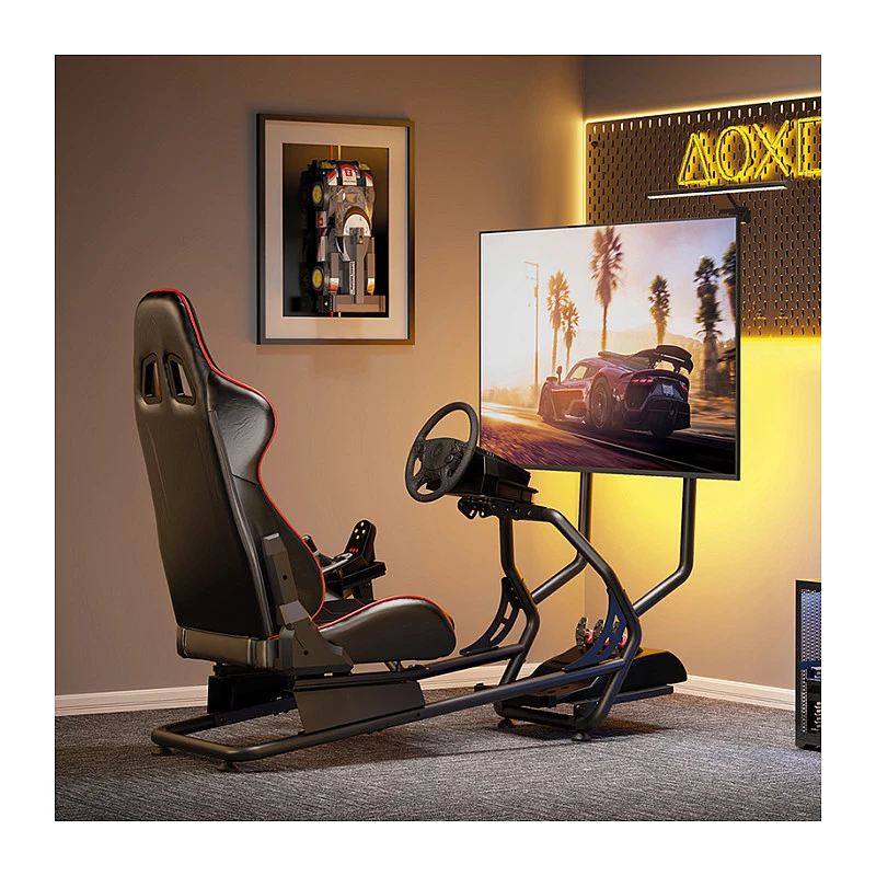 LOGILINK EO0065 Racing Simulator Cockpit su monitoriaus laikikliu, plieniniu rėmu, PVC odos sėdyne, iki 32 colių monitoriui, juodos spalvos