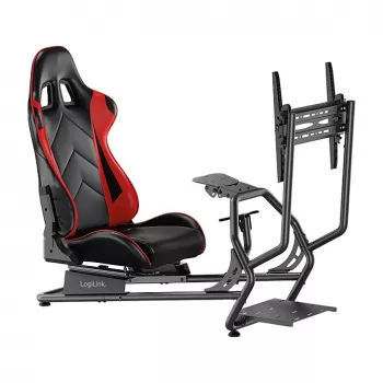 LOGILINK EO0065 Racing Simulator Cockpit su monitoriaus laikikliu, plieniniu rėmu, PVC odos sėdyne, iki 32 colių monitoriui, juodos spalvos