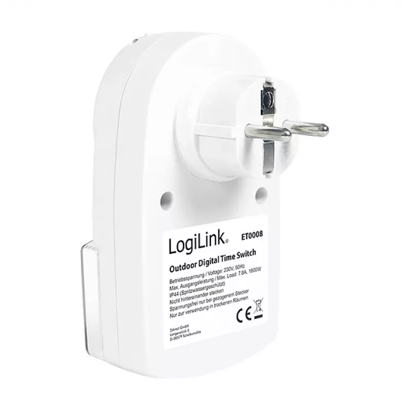 LOGILINK ET0008 lauko skaitmeninis laikmatis – IP44, 10 ON/OFF programų, 16A/3680W, Schuko (F tipas), juoda/pilka