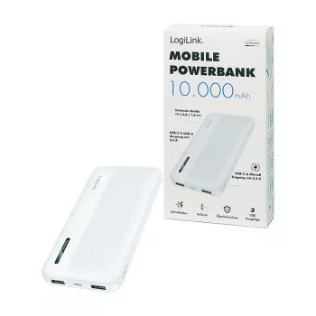 Logilink Mobile Power Bank, LiPo, 10000 mAh, USB-C in/out, Balta