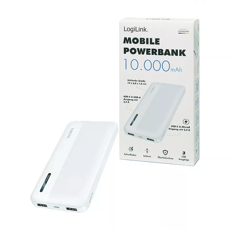 Logilink Mobile Power Bank, LiPo, 10000 mAh, USB-C in/out, Balta