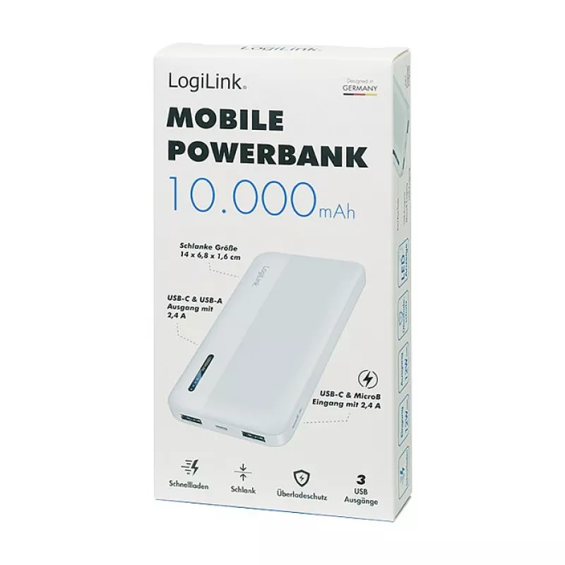 Logilink Mobile Power Bank, LiPo, 10000 mAh, USB-C in/out, Balta