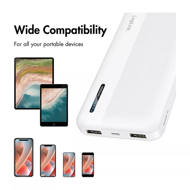 Logilink Mobile Power Bank, LiPo, 10000 mAh, USB-C in/out, Balta
