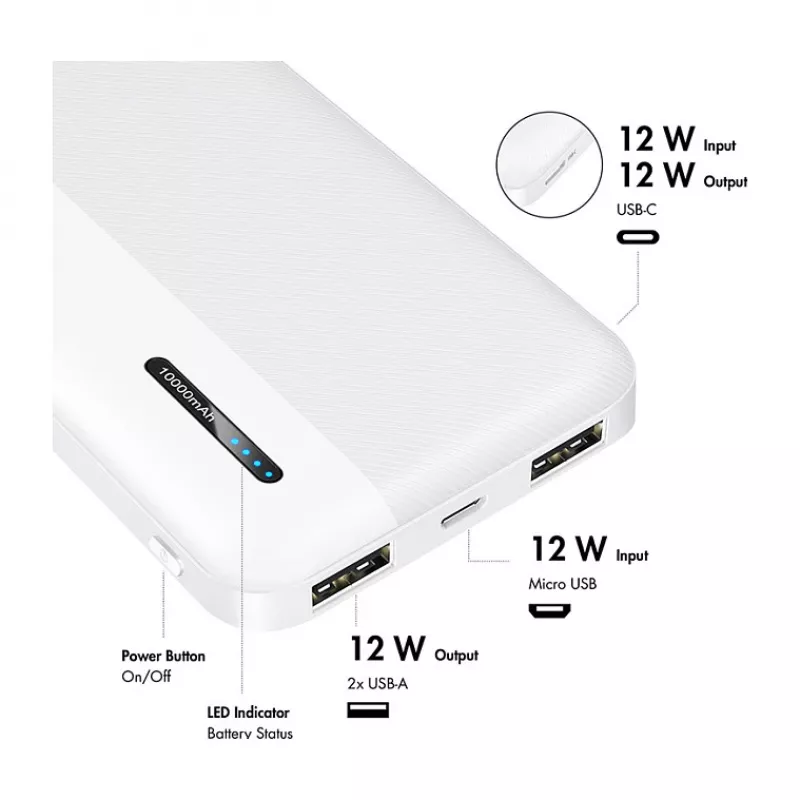 Logilink Mobile Power Bank, LiPo, 10000 mAh, USB-C in/out, Balta