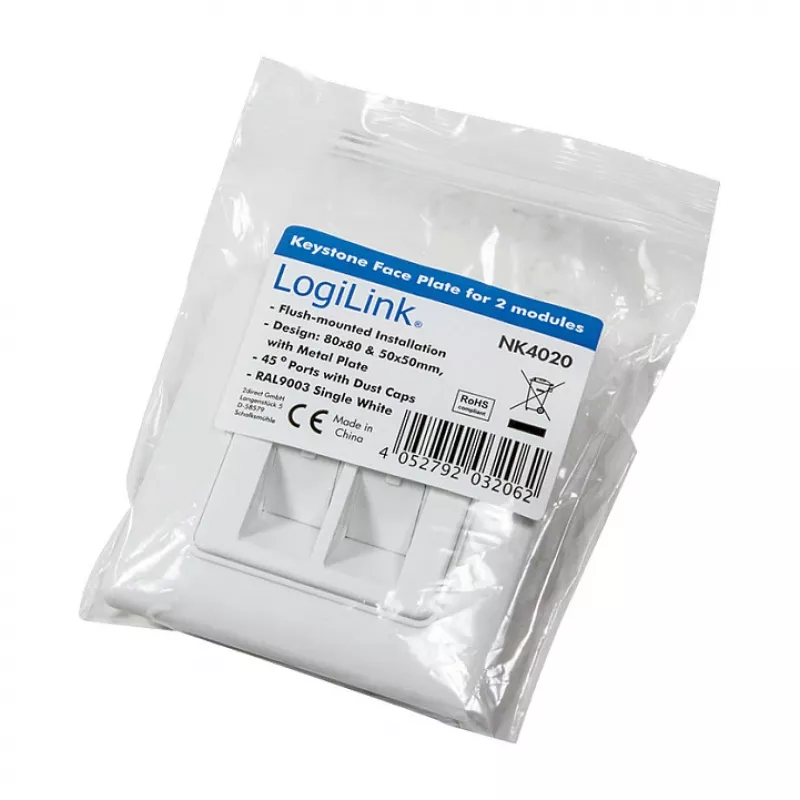 LogiLink NK4020 Keystone sieninė plokštė, įleidžiama, 2 moduliams, signalinė balta