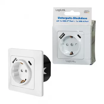 LOGILINK PA0253 Sieninis lizdas su 1 Schuko kištukiniu lizdu, 1 USB-A ir 1 USB-C įkrovimo prievadu, 3,1 A, baltas