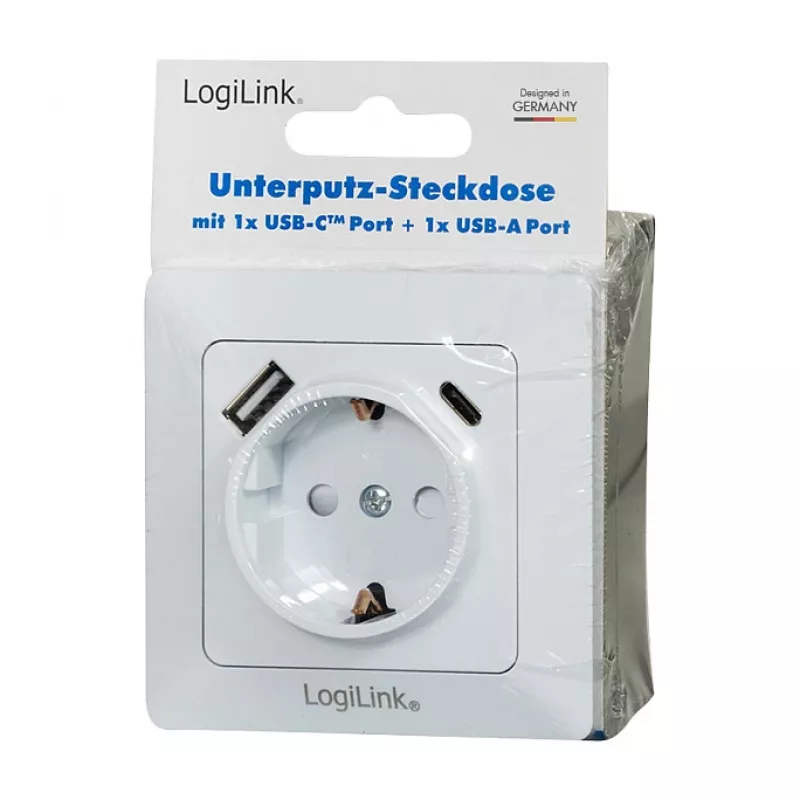 LOGILINK PA0253 Sieninis lizdas su 1 Schuko kištukiniu lizdu, 1 USB-A ir 1 USB-C įkrovimo prievadu, 3,1 A, baltas
