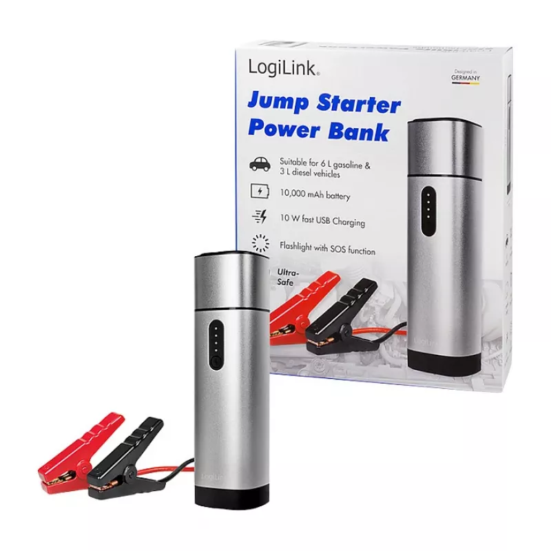 Logilink PA0266 Automobilio užvedimo starteris ir powerbank, 10000 mAh, 12V/400A Peak, USB-C PD, LED žibintuvėlis