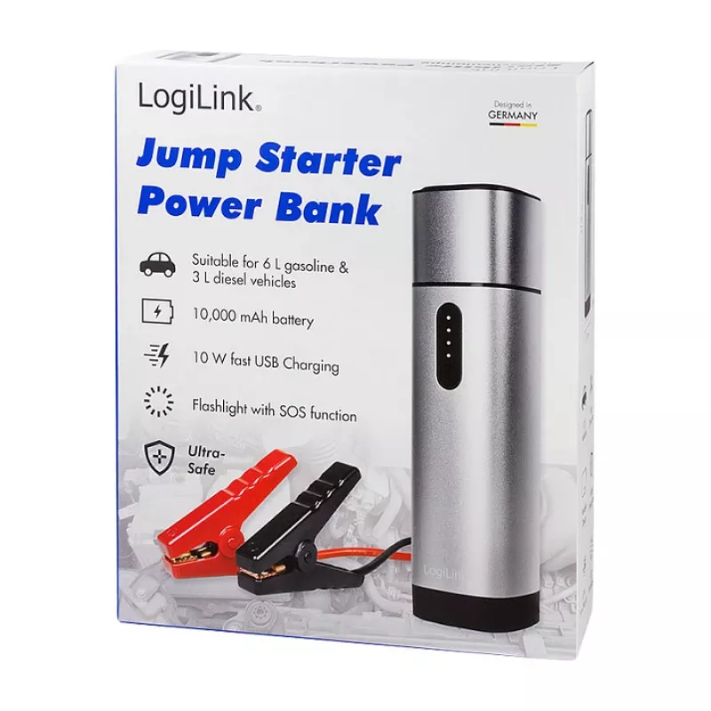 Logilink PA0266 Automobilio užvedimo starteris ir powerbank, 10000 mAh, 12V/400A Peak, USB-C PD, LED žibintuvėlis