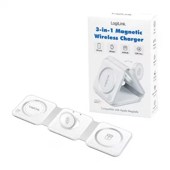 LOGILINK PA0344 Magnetinis belaidis 3-in-1 įkroviklis Apple įrenginiams, baltas, sulankstomas, MagSafe, 15W