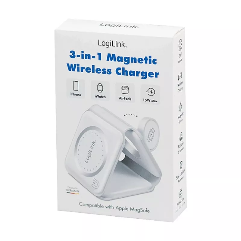 LOGILINK PA0344 Magnetinis belaidis 3-in-1 įkroviklis Apple įrenginiams, baltas, sulankstomas, MagSafe, 15W