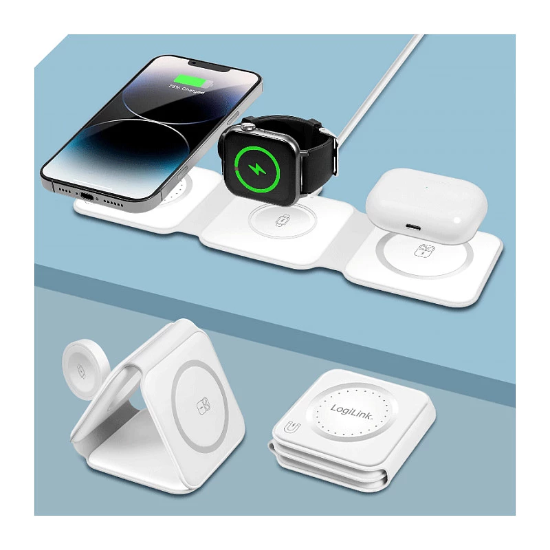 LOGILINK PA0344 Magnetinis belaidis 3-in-1 įkroviklis Apple įrenginiams, baltas, sulankstomas, MagSafe, 15W