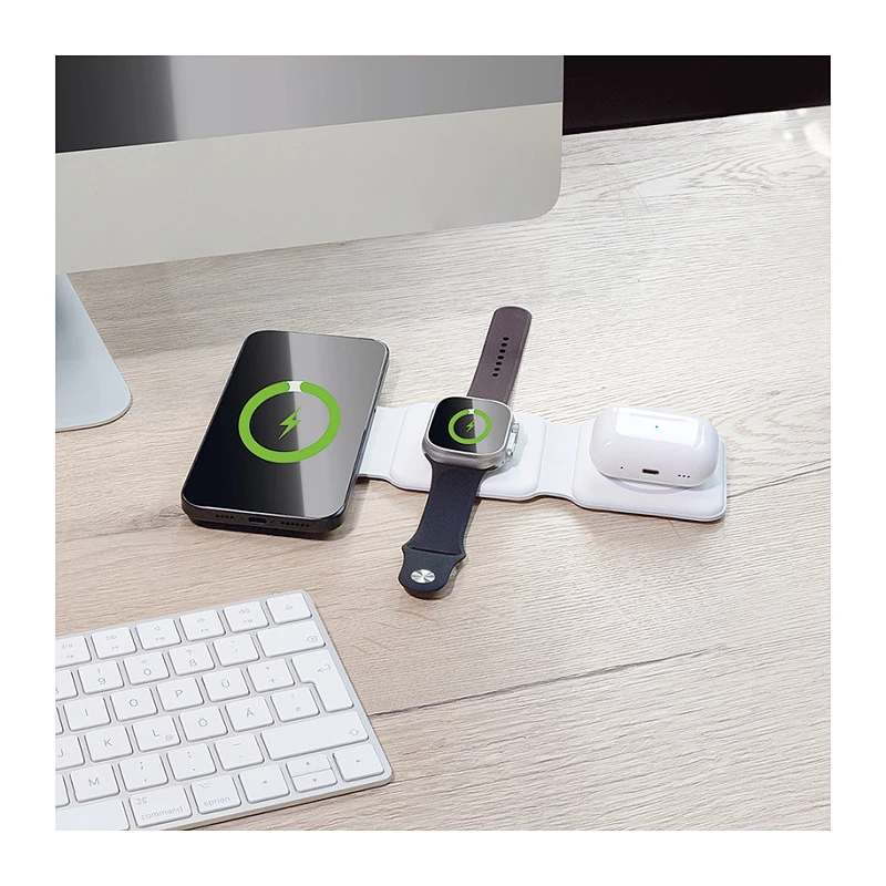 LOGILINK PA0344 Magnetinis belaidis 3-in-1 įkroviklis Apple įrenginiams, baltas, sulankstomas, MagSafe, 15W